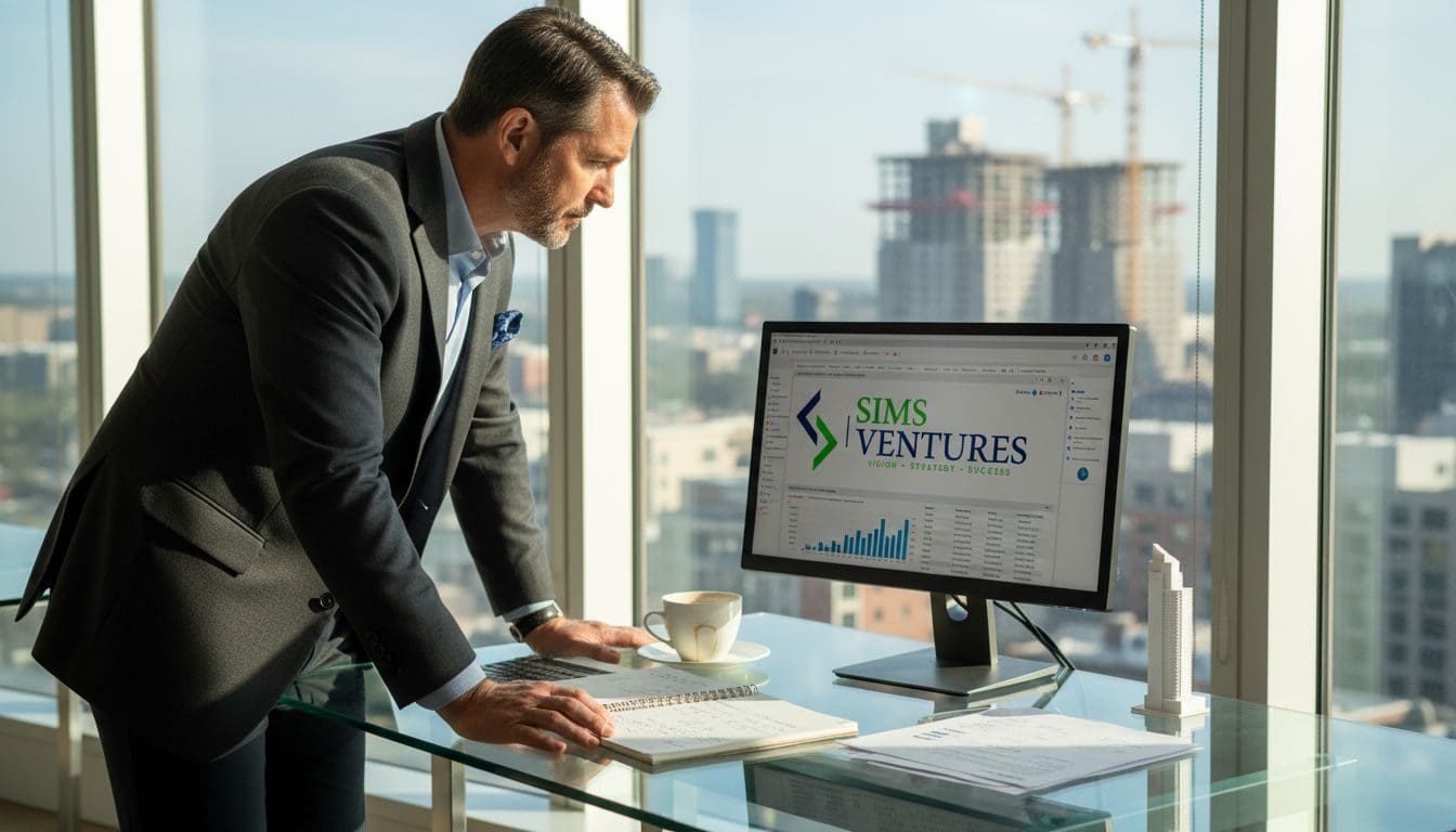 Investor reviewing real estate deal documents in corner office